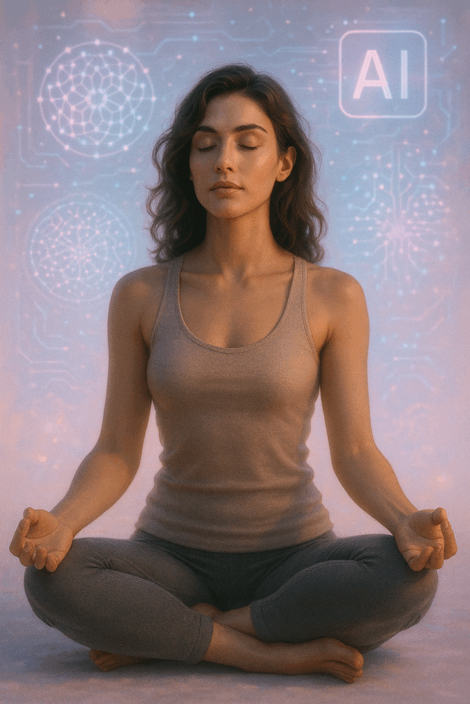 Frau meditiert vor einem transparenten holographischen KI-Interface, das sanfte Lichtströme erzeugt.
