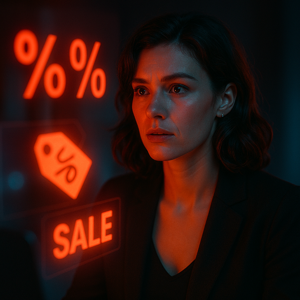 Eine Frau blickt in einen Bildschirm, aus dem bunte Prozentzeichen und digitale Symbole hervorquellen – halb fasziniert, halb skeptisch.
Reflexionen von roten Rabatten leuchten auf ihrer Haut.