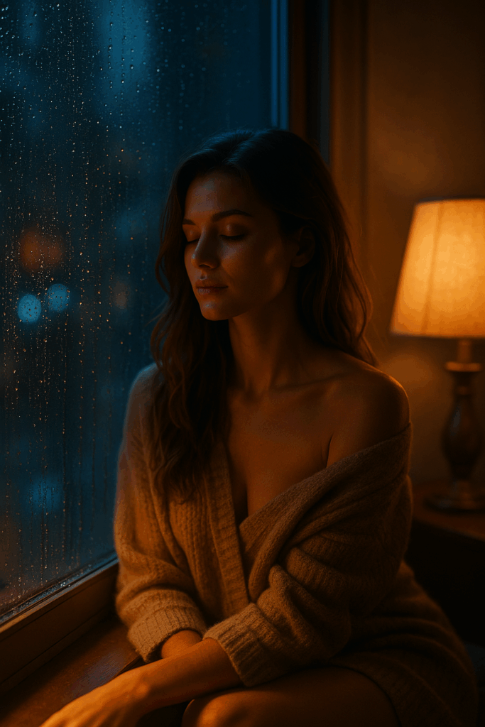 Frau sitzt am Fenster, Regen rinnt an der Scheibe, golden-blaues Abendlicht, sehr emotional. Sexy durch Intimität, nicht durch Haut.