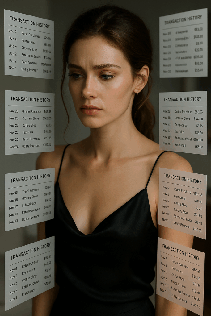 Eine attraktive Frau sitzt vor einem Laptop, ihre Kreditkarten liegen verstreut. Holografische Kontoauszüge schweben in der Luft. Ausdruck: leichter Schmerz, aber stark und selbstbewusst.