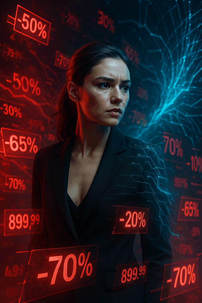 Frau vor mehreren flimmernden Screens voller Preis-Chaos, verzerrte Deals, KI-Overlay, dramatisches Licht.