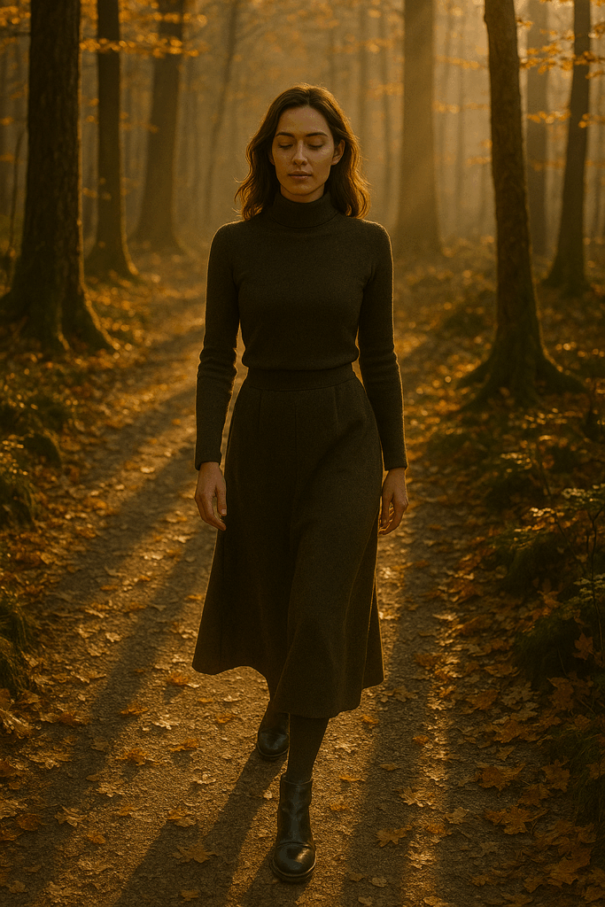 Frau im Wald, Hand an einem Baumstamm, sanfter Nebel, intensives Lichtspiel. Sehr atmosphärisch, leicht mystisch.