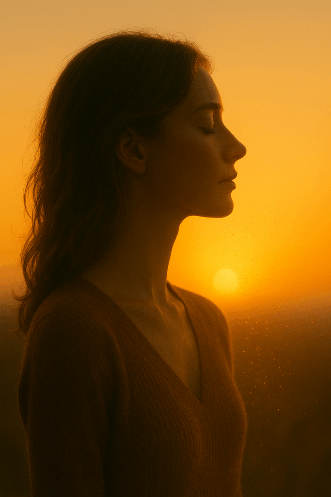 Frau in goldenem Sonnenaufgang, Augen geschlossen, digitale Symbole lösen sich wie Staubpartikel auf. Sehr starkes Hero-Image.