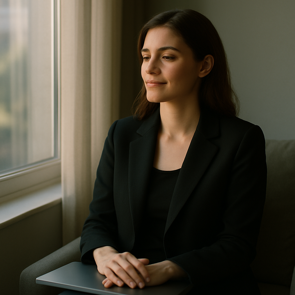 Ruhe nach dem Rausch – Frau in Morgensonne, Laptop geschlossen, klare Atmosphäre. Symbol für Klarheit und bewussten Konsum.