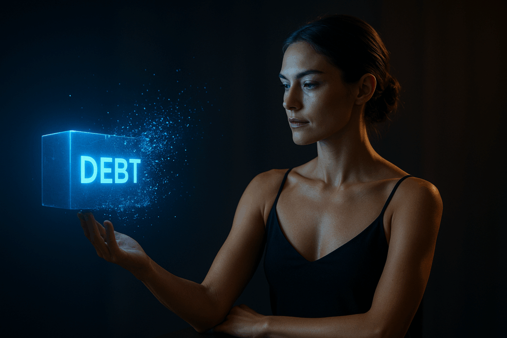 Starke, selbstbewusste Frau steht vor einer Wand aus schwebenden Schuldenblöcken, die sich digital „auflösen“. Symbolisch, aber photorealistisch.