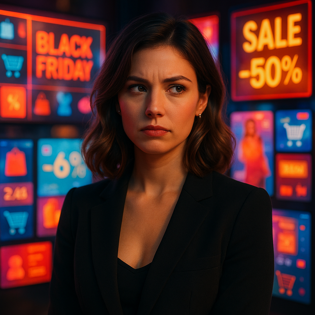 Lisa steht in einem Neon-Labyrinth aus blinkenden „SALE“-Zeichen – schöne, verwirrende, algorithmische Versuchung.
Sie wirkt stark, aber misstrauisch.