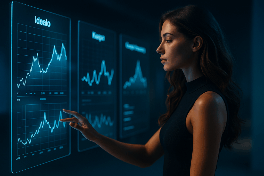 Futuristisches Studio-Setup: Frau betrachtet holografische Preisdiagramme und Tools. Glasklare UI-Elemente schweben um sie herum.