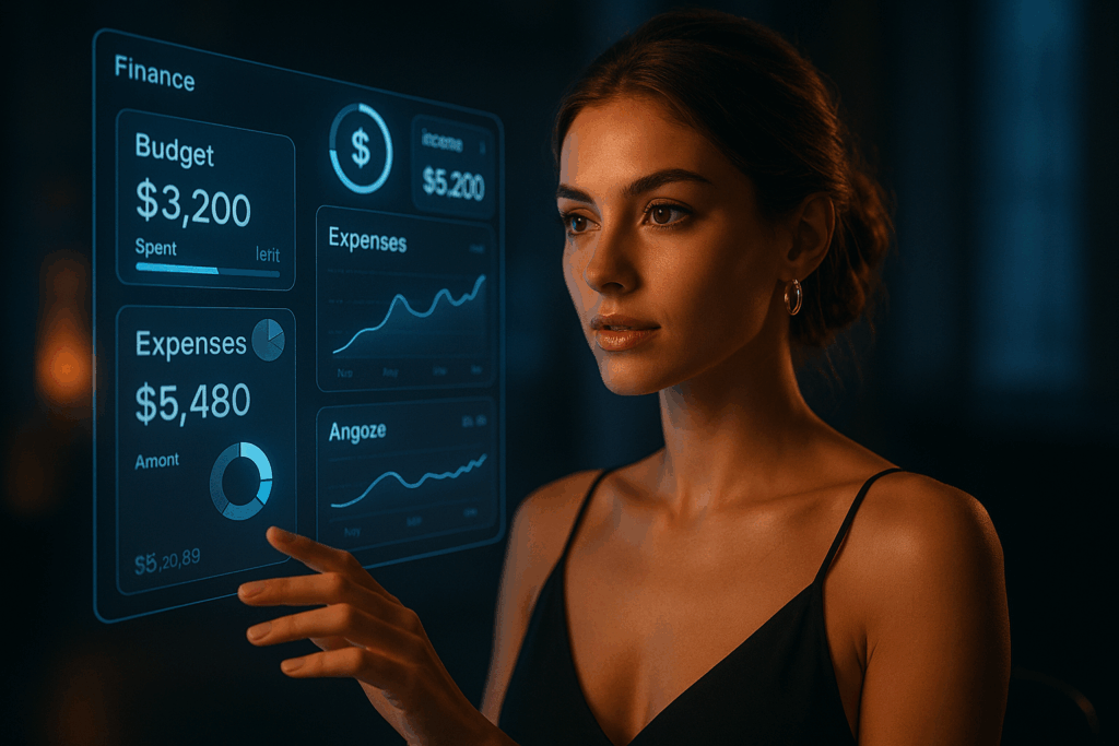 Eine elegante Frau interagiert mit einer KI-Hologrammfigur oder einem leuchtenden, intelligenten Interface. Blaues Licht, futuristische Energie, leicht sexy Pose (seriös sexy, nicht freizügig).