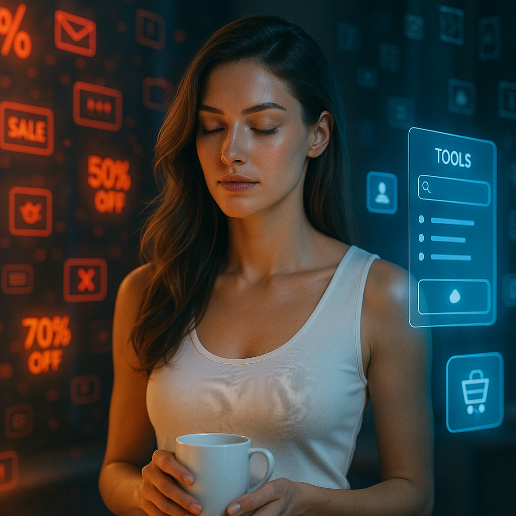 Starke, elegante Frau in ruhiger, klarer Umgebung; digitale Ablenkungen verblassen; nur ein helles, ruhiges Interface bleibt; Symbolik von Kontrolle und Klarheit.