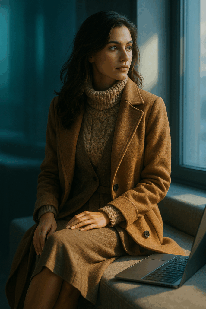 Frau blickt aus dem Fenster in goldenes Herbstlicht, trägt modernen Lagenlook, Laptop neben ihr – Ruhe, Zufriedenheit, Zukunft. Ein Symbol für Balance zwischen Stil, Technik und Achtsamkeit.