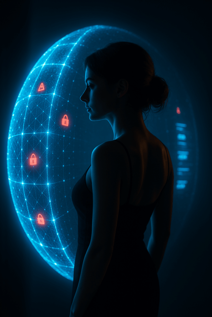 Eine sexy-elegante Frau steht hinter einem leuchtenden, blauen digitalen Schild – symmetrisch, stark, minimalistisch. Um sie herum prallen rote Gefahrensymbole ab.