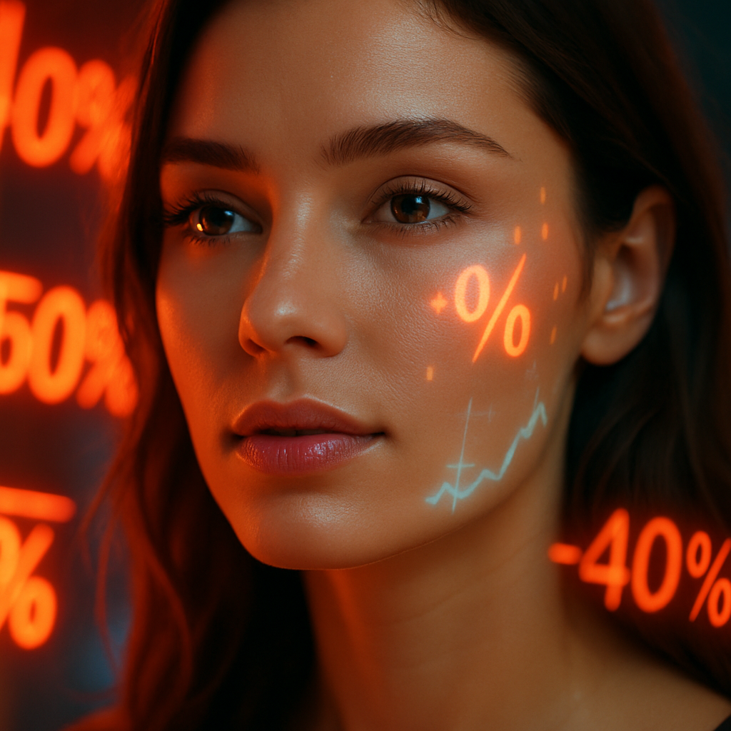 Eine elegante, stylische Frau steht inmitten eines neonbeleuchteten Shopping-Chaos, überall holografische Preise, Datenströme, Black-Friday-Symbole. Sie wirkt ruhig, konzentriert, empowered. Sexy ohne Anzüglichkeit.