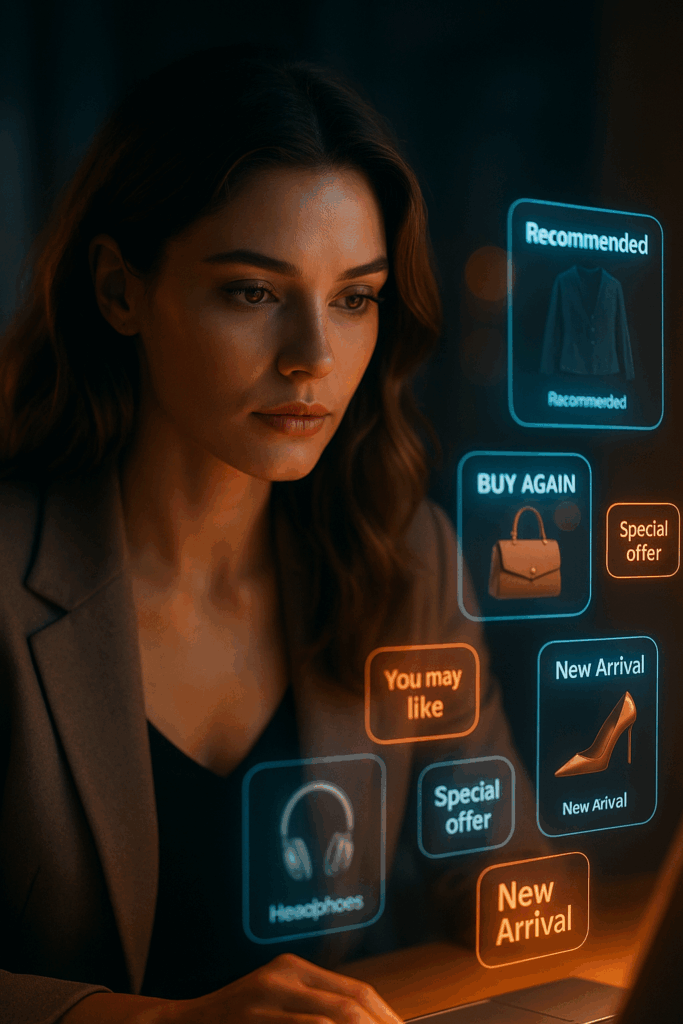 Eine moderne Frau betrachtet ihr Smartphone, während sich holografisch rund um sie herum personalisierte Produktempfehlungen bilden – wie eine digitale Aura.