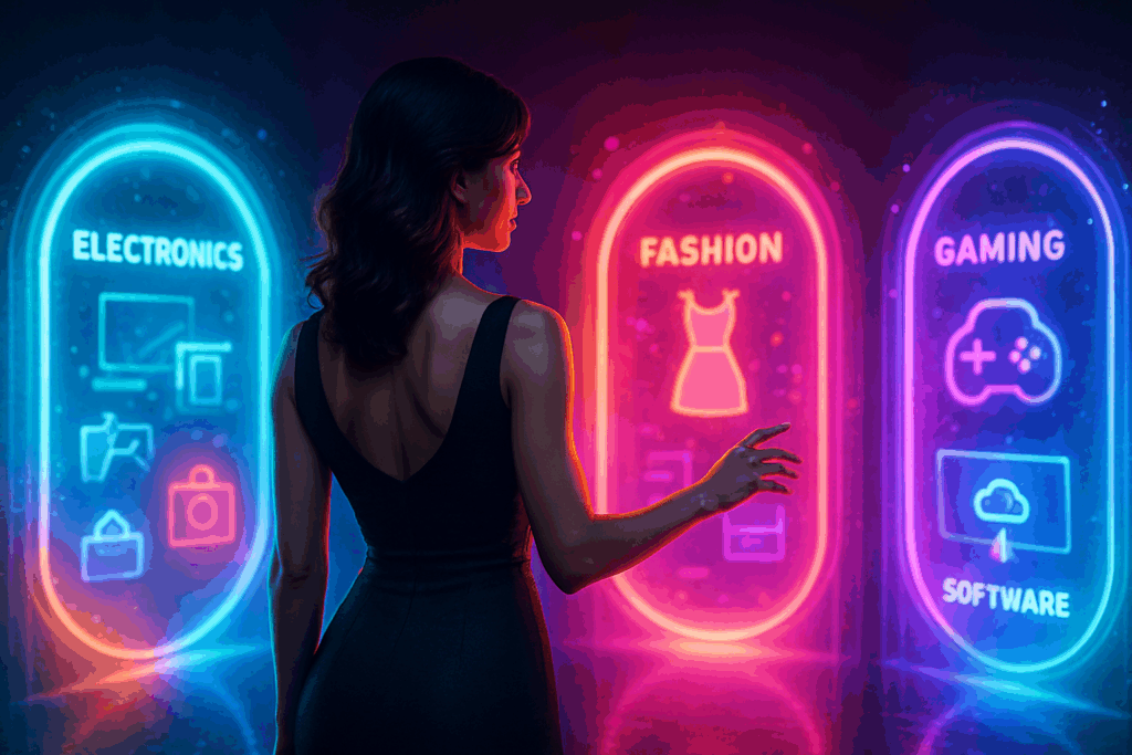 Frau vor mehreren futuristischen “Deal Portals” – Elektronik, Mode, Gaming, Software – jedes Portal anders farbig.
