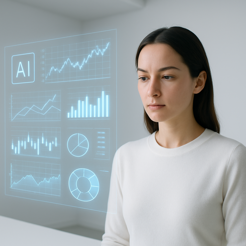 Frau als Datenanalystin der Zukunft – selbstbewusst, smart, ästhetisch. Holographische Interfaces.