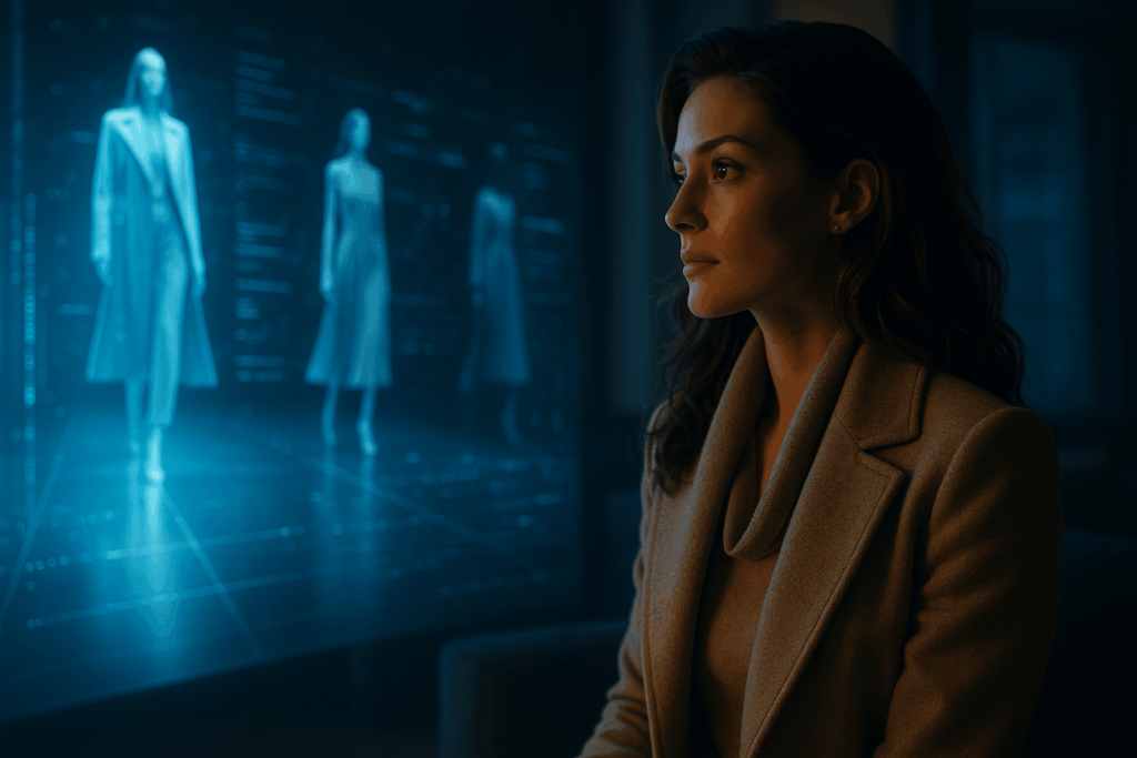 Virtueller Laufsteg oder digitales Modeatelier – Frau umgeben von holografischen Models, Datenströmen oder modischen KI-Designs. Symbol für Mode als digitales Erlebnis.