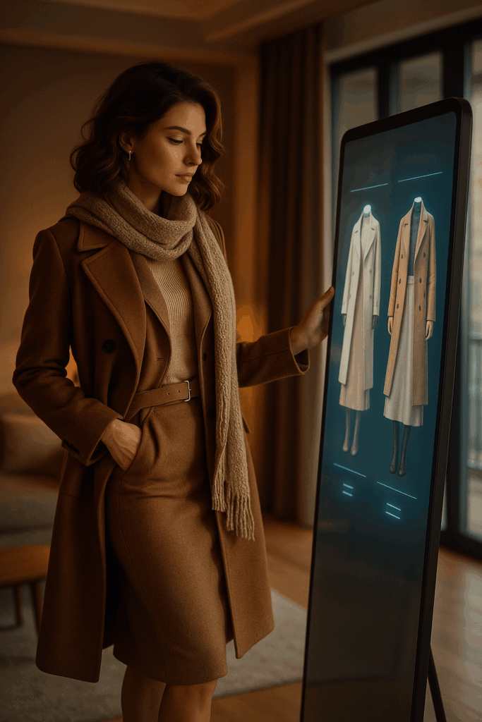 Futuristisches, aber wohnliches Setting: Frau hält Smartphone mit Mode-App, AR-Spiegel zeigt ihr digitales Spiegelbild mit Outfits. Glamourös, techy und lebensnah zugleich.
