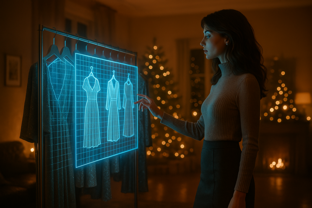 Frau scannt Kleidung mit Smartphone, holografische KI-Markierungen sichtbar.