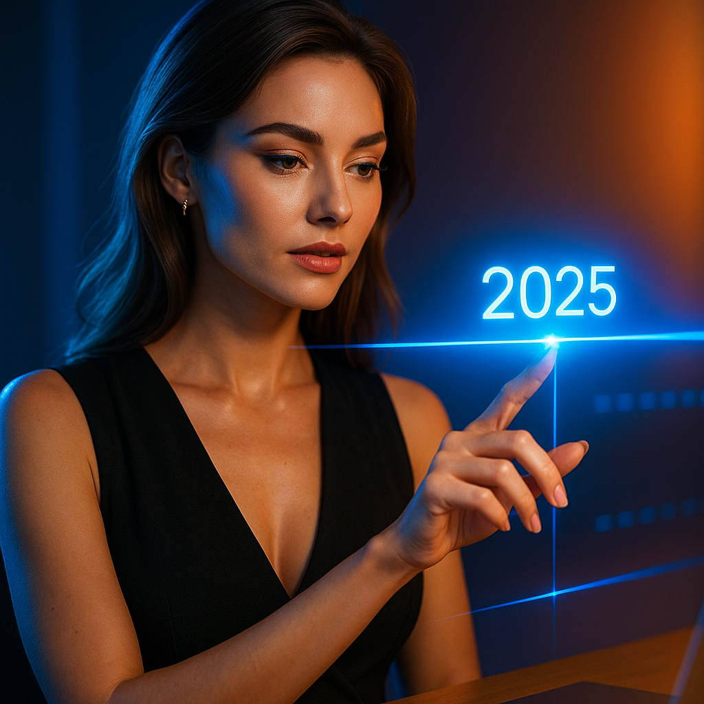 Frau umgeben von futuristischen KI-Symbolen in leuchtender Umgebung.