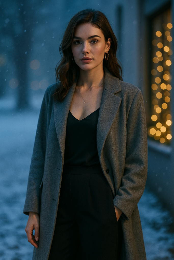 Frau im nordischen Winterlook mit schwarzem Kleid und grauem Mantel.