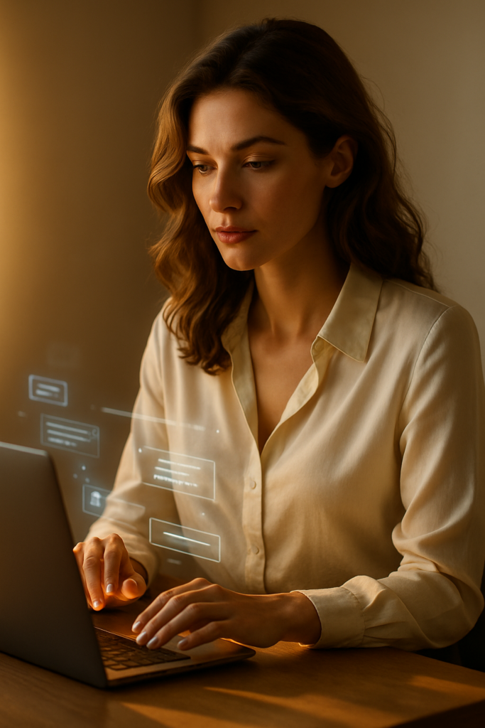 Editorial Porträt einer Frau mit Laptop und holografischen KI-Elementen im warmen Licht.