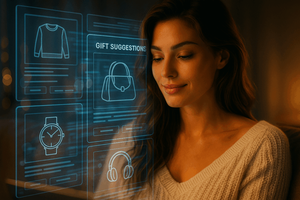 Stylish High-Tech-Mood: Frau vor mehreren schwebenden transparenten KI-Interfaces, die unterschiedliche Geschenk-Bots zeigen.