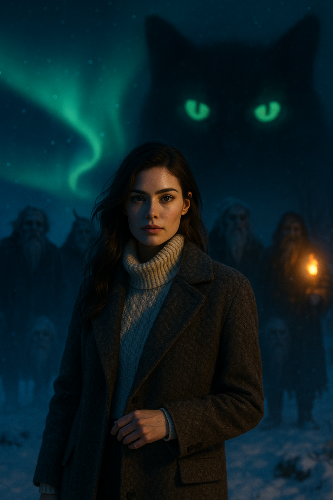 Frau in isländischer Winterlandschaft mit Erscheinungen der Yule Lads und Weihnachtskatze.