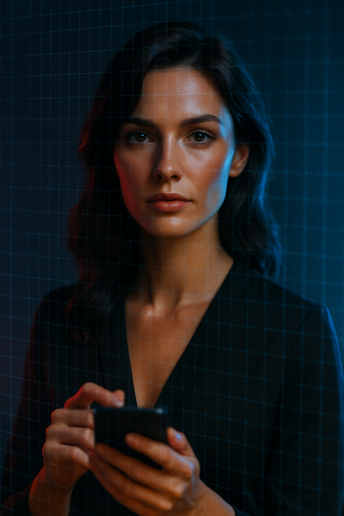 Frau hinter holografischem Datenschutz-Schutzschild.