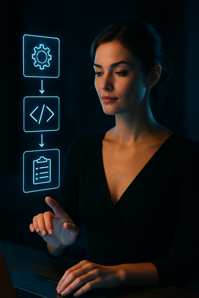 Frau betrachtet holografische Aufgabenlisten in moderner Umgebung.