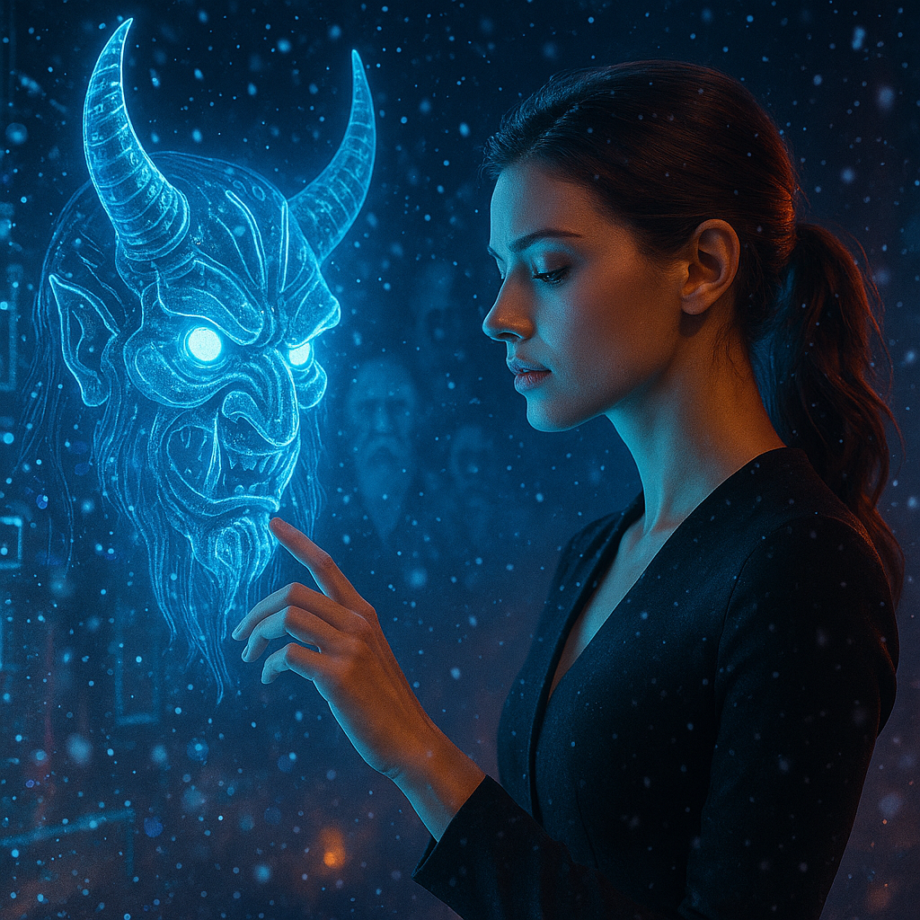 Frau betrachtet holografische Krampus-Memes und digitale Wintermythen.