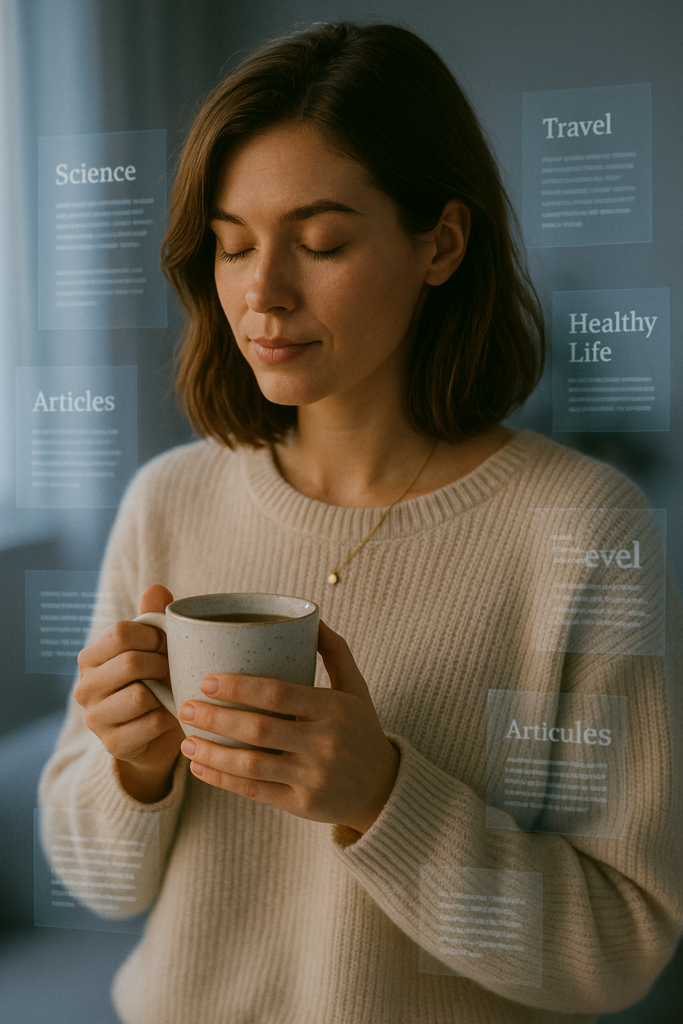 Frau mit Teetasse und holografischen Textsymbolen in winterlicher Ruhe.