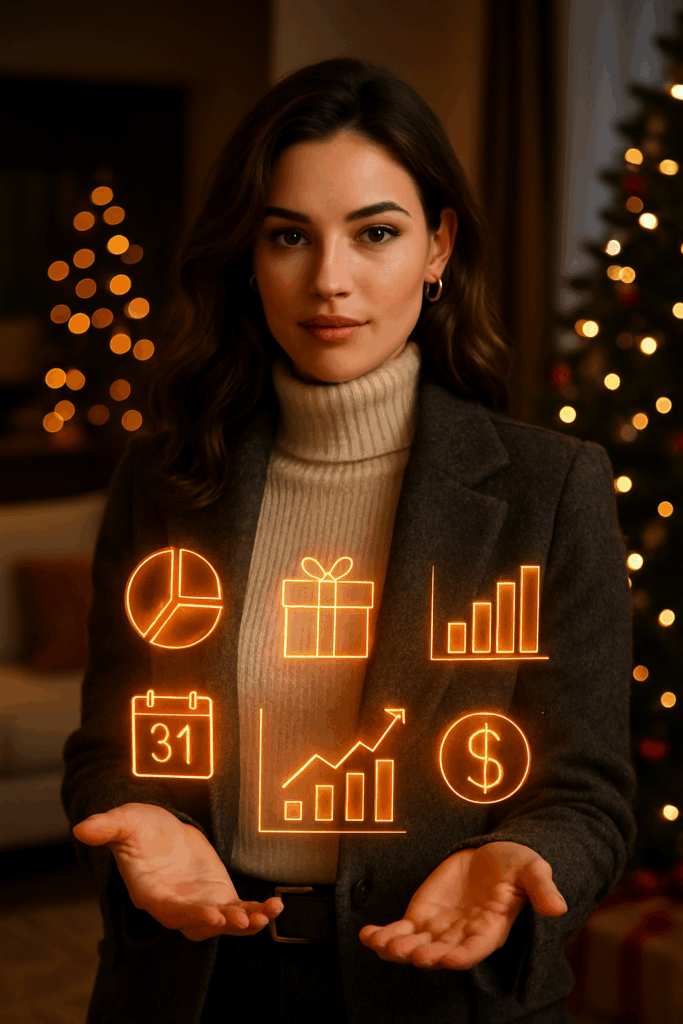 KI + Weihnachtsbudget + starke weibliche Protagonistin, die Kontrolle über Finanzen gewinnt
Mood: Empowered, festlich, futuristisch, sexy-elegant