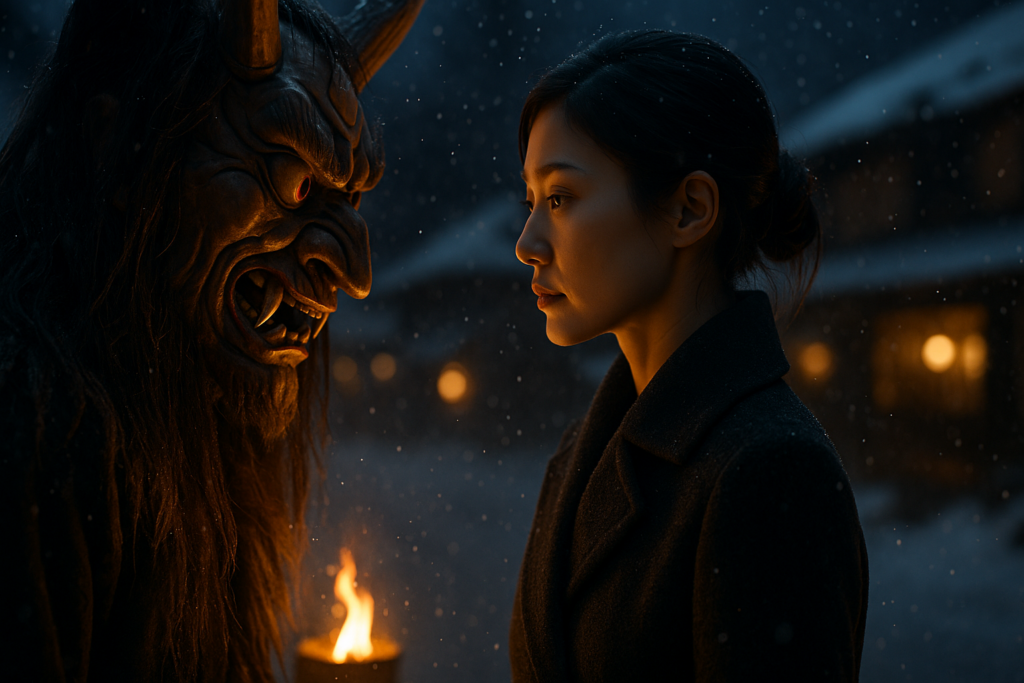 Frau konfrontiert japanische Namahage-Dämonenmasken im Schnee.