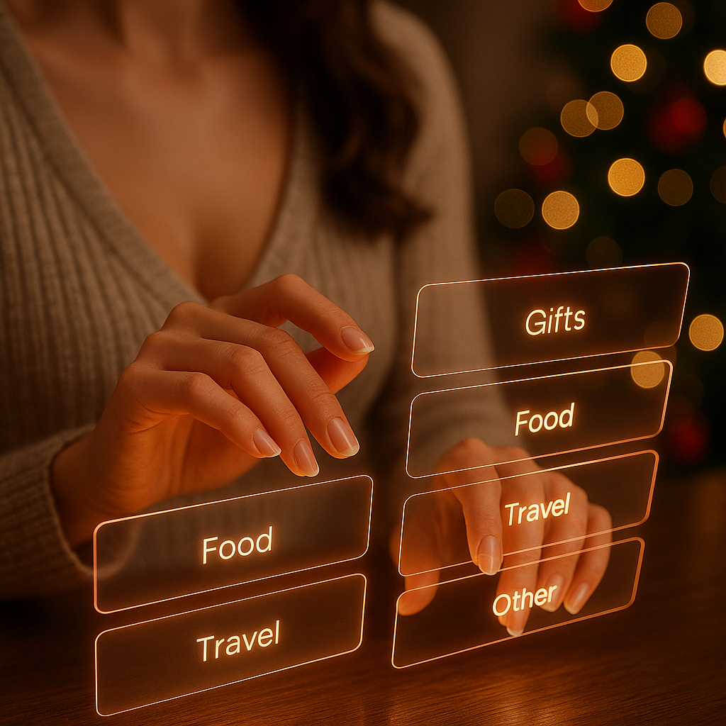 Eine Frau arbeitet strukturiert an einem holografischen Panel, das Budget-Kategorien wie „Geschenke“ und „Essen“ visualisiert.