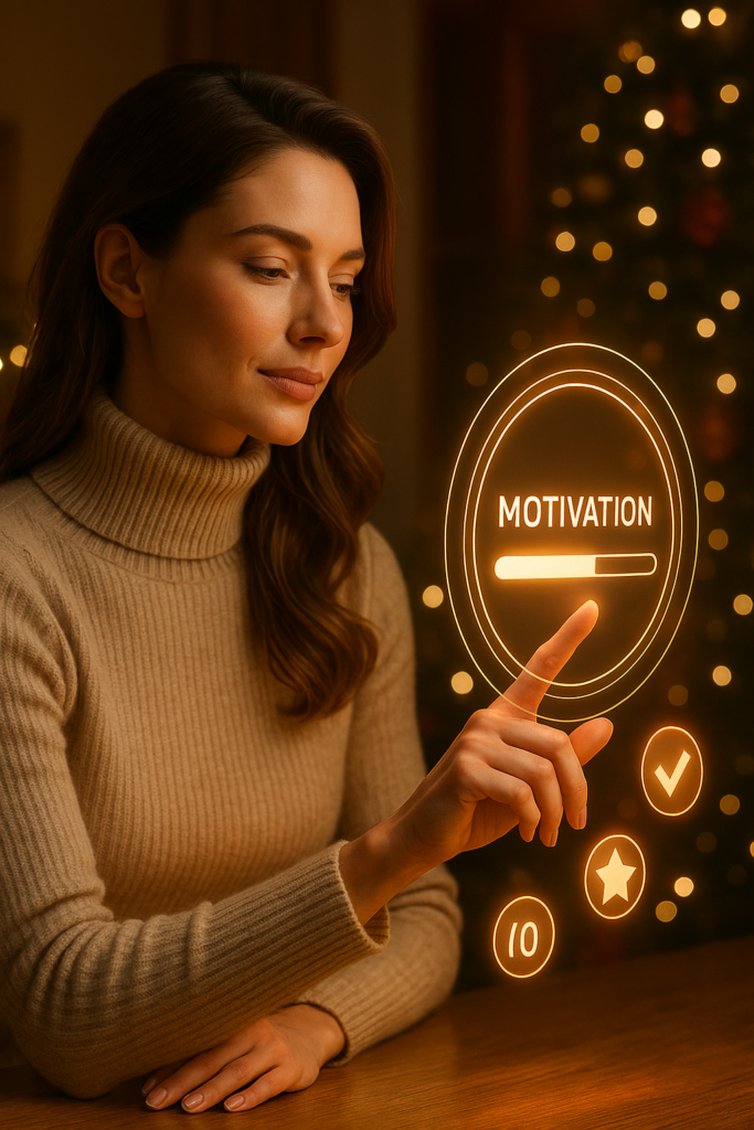 Gamification: Fortschrittsbalken, Badges und motivierende Visuals schweben um eine selbstbewusste, sexy-elegante Protagonistin.