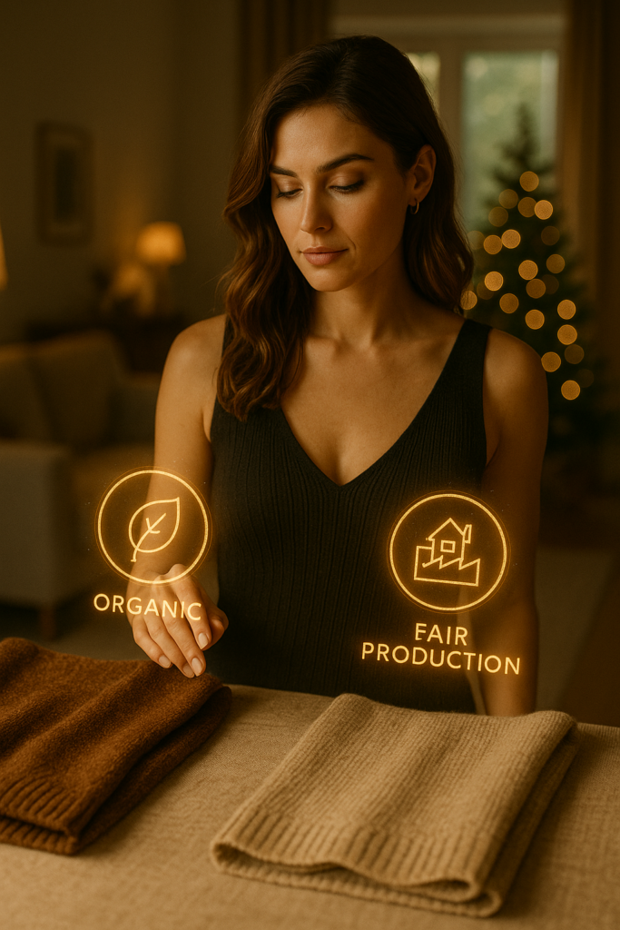 Frau betrachtet holografische Nachhaltigkeits-Symbole über Kleidungsstoffen.