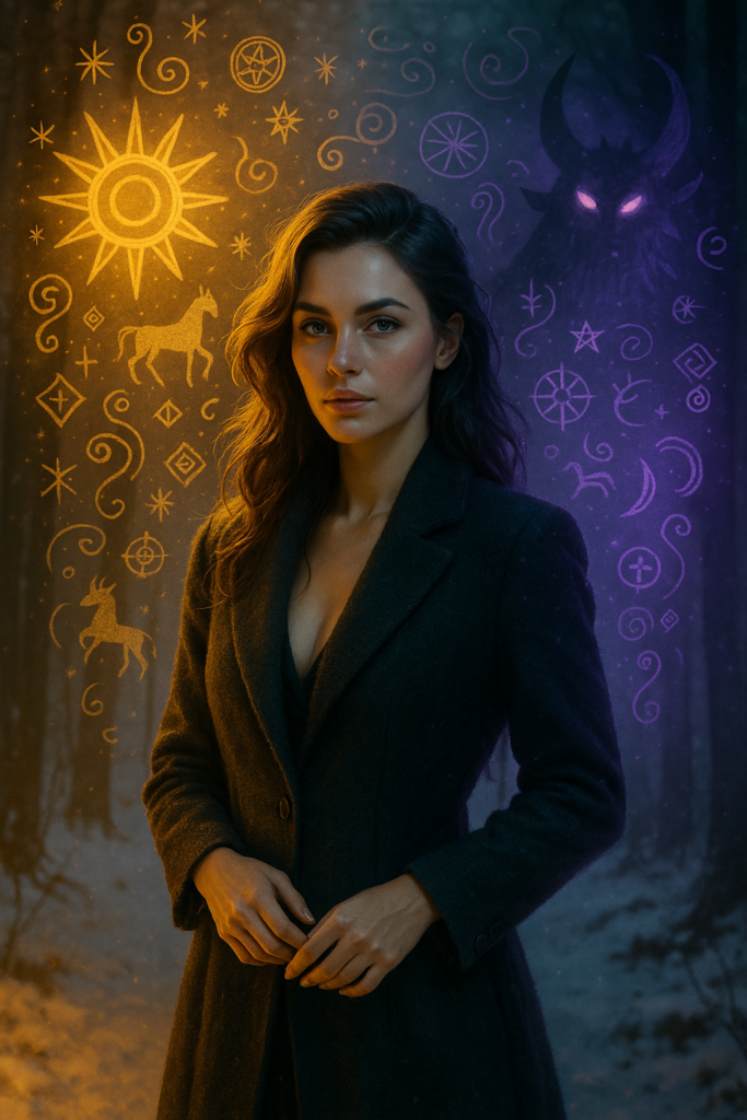 Frau in winterlicher Szenerie zwischen goldener und dunkler Energie der slawischen Götter.