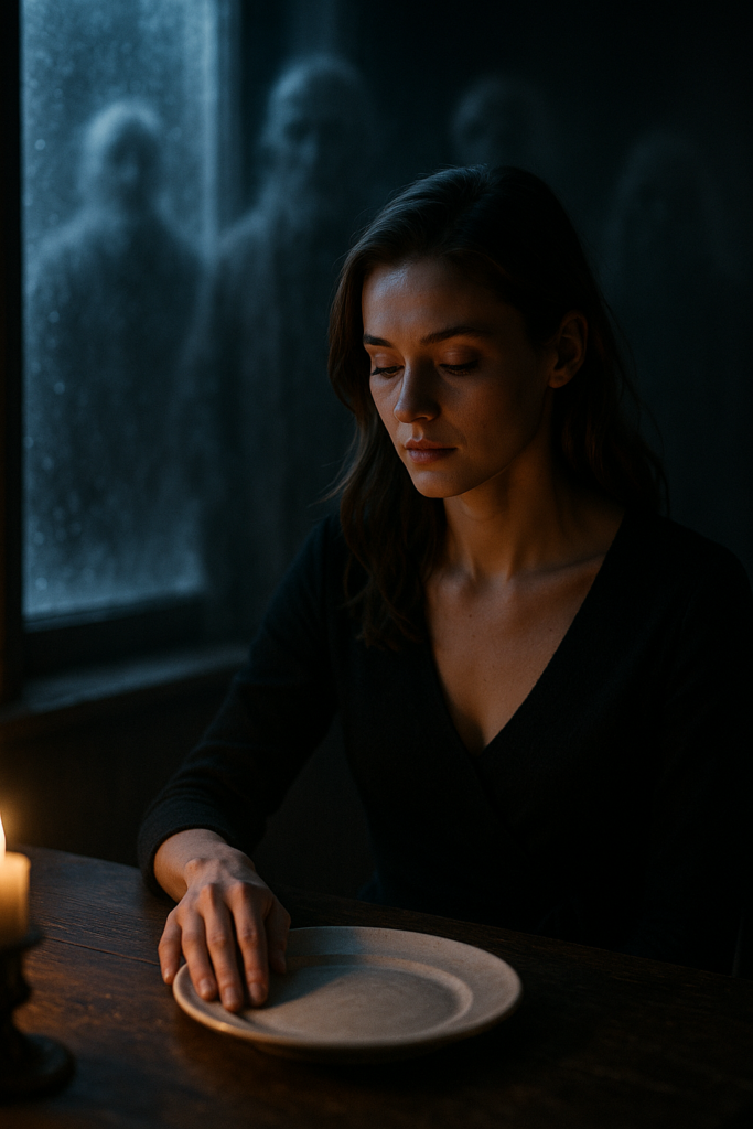 Frau am kerzenbeleuchteten Tisch mit schimmernden Ahnenfiguren im Hintergrund.