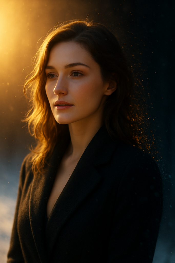 Frau im Übergang zwischen winterlicher Dunkelheit und warmem Licht, digitale Partikel lösen sich auf.