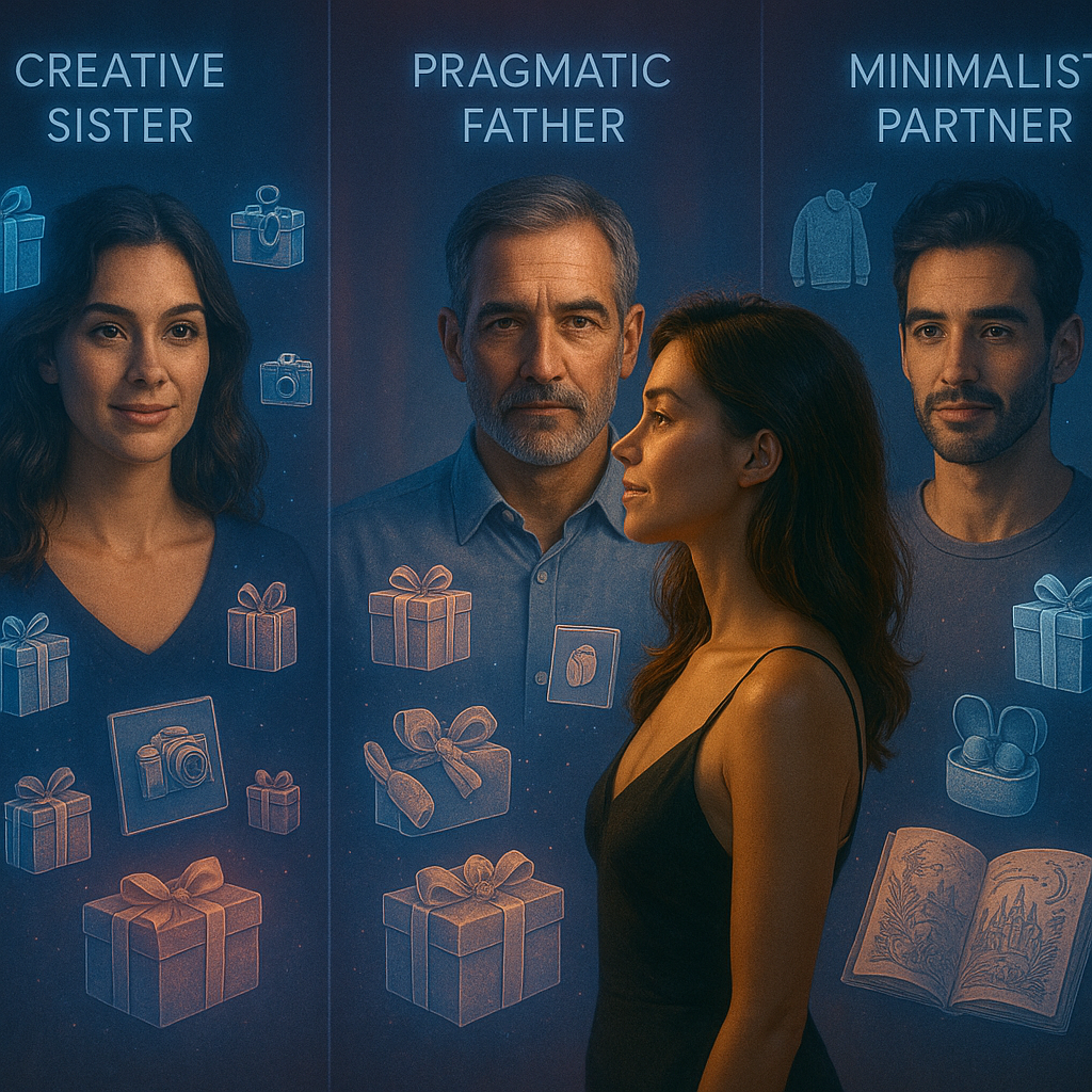 Cinematic Dreifach-Split-Szene: stylische Frau vor drei unterschiedlichen holografischen Personas, jede mit Geschenkideen.