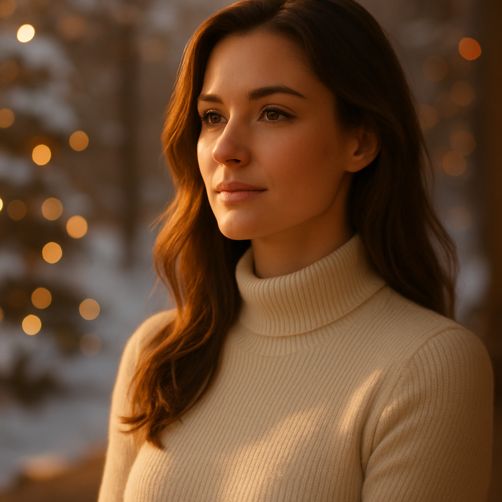 Frau schließt Laptop oder holografisches Interface; digitale Symbole lösen sich in goldenem Licht auf – Ruhe & Kontrolle.