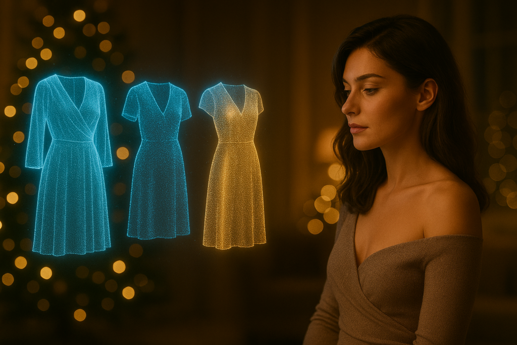 Drei holografische Outfitvarianten schweben vor einer Frau im Weihnachtslicht.