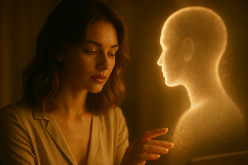 Frau mit warmem holografischen Empathie-KI-Effekt im Hintergrund.