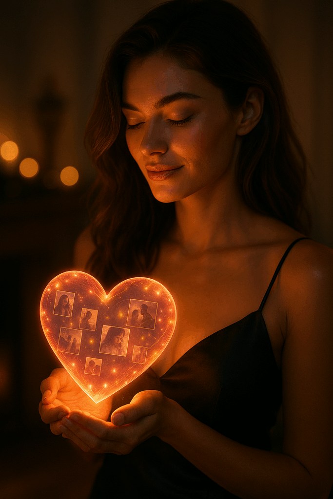 Eine elegante Frau berührt ein holografisches Herz-Icon oder einen schimmernden Lichtball, der personalisierte Erinnerungen zeigt (Fotos, Symbole, Emotionen).