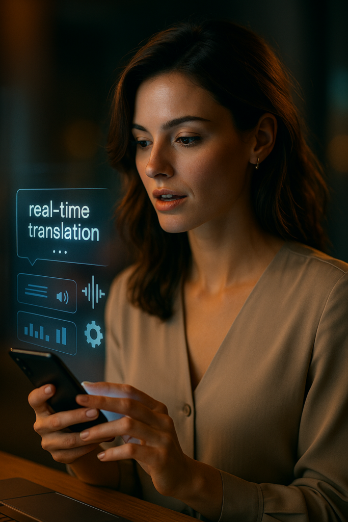 Frau spricht in Echtzeit mit holografischem KI-Interface.
