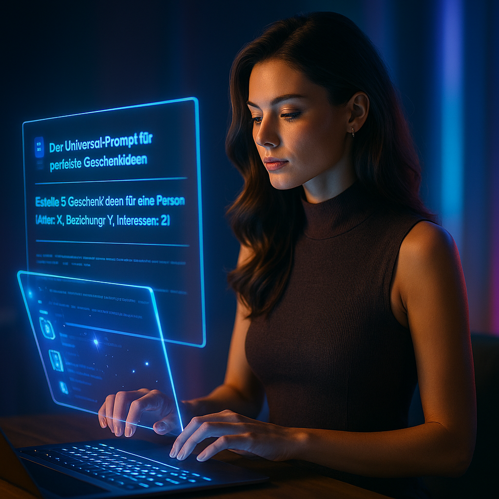 Futuristisches Editorial: Frau schreibt auf einem schimmernden holografischen Prompt-Interface.