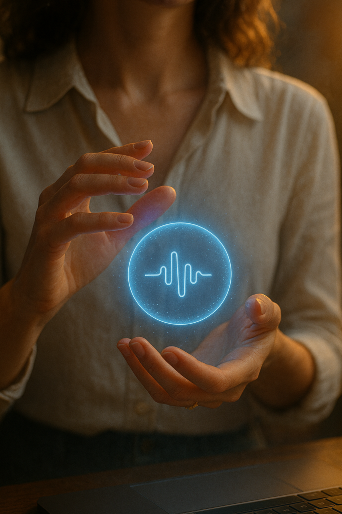 Frau interagiert mit holografischen Prompt-Fenstern in futuristischer Umgebung.