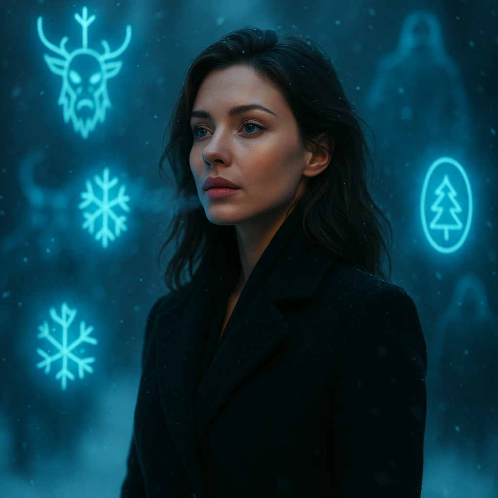 Frau in winterlicher Landschaft mit holografischen KI-Symbolen, Einstieg in bizarre Winterbräuche.