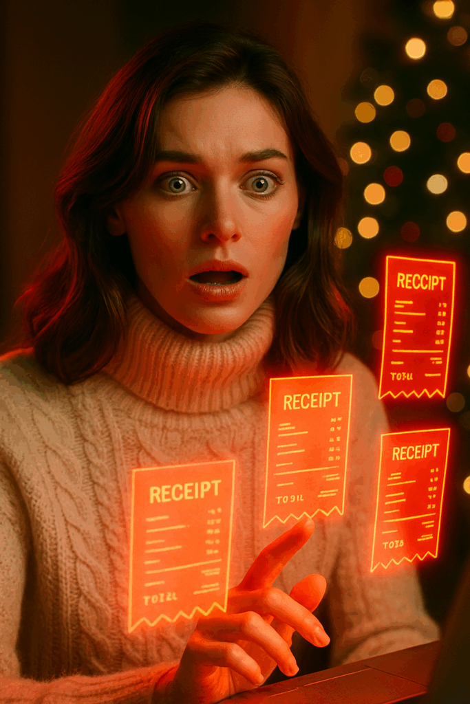 Elegante Frau entdeckt plötzlich steigende Ausgaben – visuell dargestellt durch holografische Rechnungen oder Zahlen, die sie überraschen.