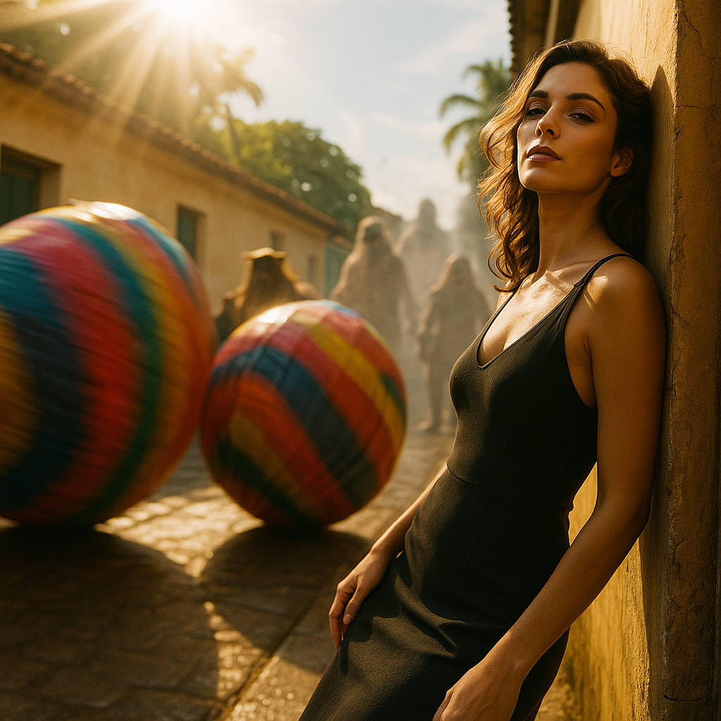 Frau an venezolanischer Straße neben rollenden Festkugeln.